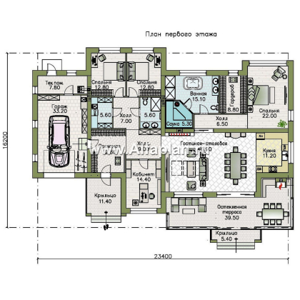 «Альтернатива» - проект современного одноэтажного дома, мастер спальня, с сауной и с террасой - превью план дома