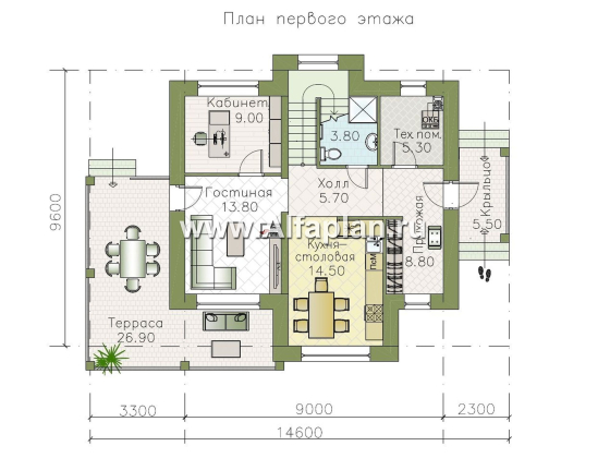 «Пифагор» - проект двухэтажного дома, планировка 3 спальни плюс кабинет, с террасой - превью план дома