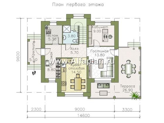 «Пифагор» - проект двухэтажного дома, планировка 3 спальни плюс кабинет, с террасой - превью план дома