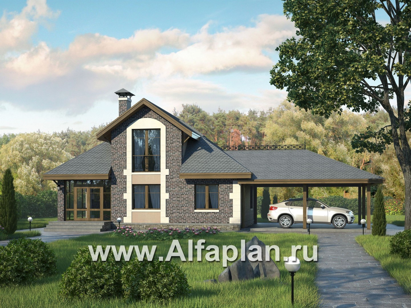 «Замечательный сосед» - проект дома с мансардой из газоблоков, с террасой, с нaвесом на 2 авто - основное изображение