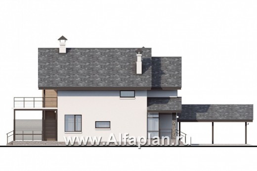 «Гольфстрим» - проект дома с мансардой в скандинавском стиле, с террасой и навесом на 2 авто, для узкого участка - превью фасада дома
