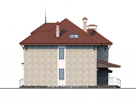 «Айвенго» — проект двухэтажного дома, с биллиардной в мансарде, с террасой и гаражом на 1 авто, в стиле замка - превью фасада дома