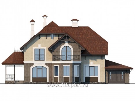 «Ясная поляна» - проект двухэтажного дома, планировка со спальней и кабинетом на 1 эт, с эркером и с гаражом на 1 авто - превью фасада дома