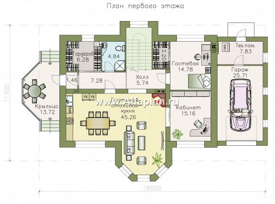 «Ясная поляна» - проект двухэтажного дома, планировка со спальней и кабинетом на 1 эт, с эркером и с гаражом на 1 авто - превью план дома