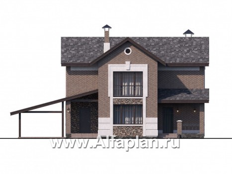 «Каменка» - проект двухэтажного дома из газобетона, планировка с террасой и с гаражом-навесом - превью фасада дома