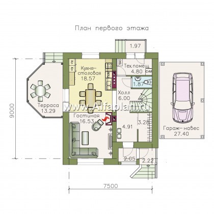 Проект дома с мансардой из газобетона «Оптима», с террасой и гаражом - превью план дома