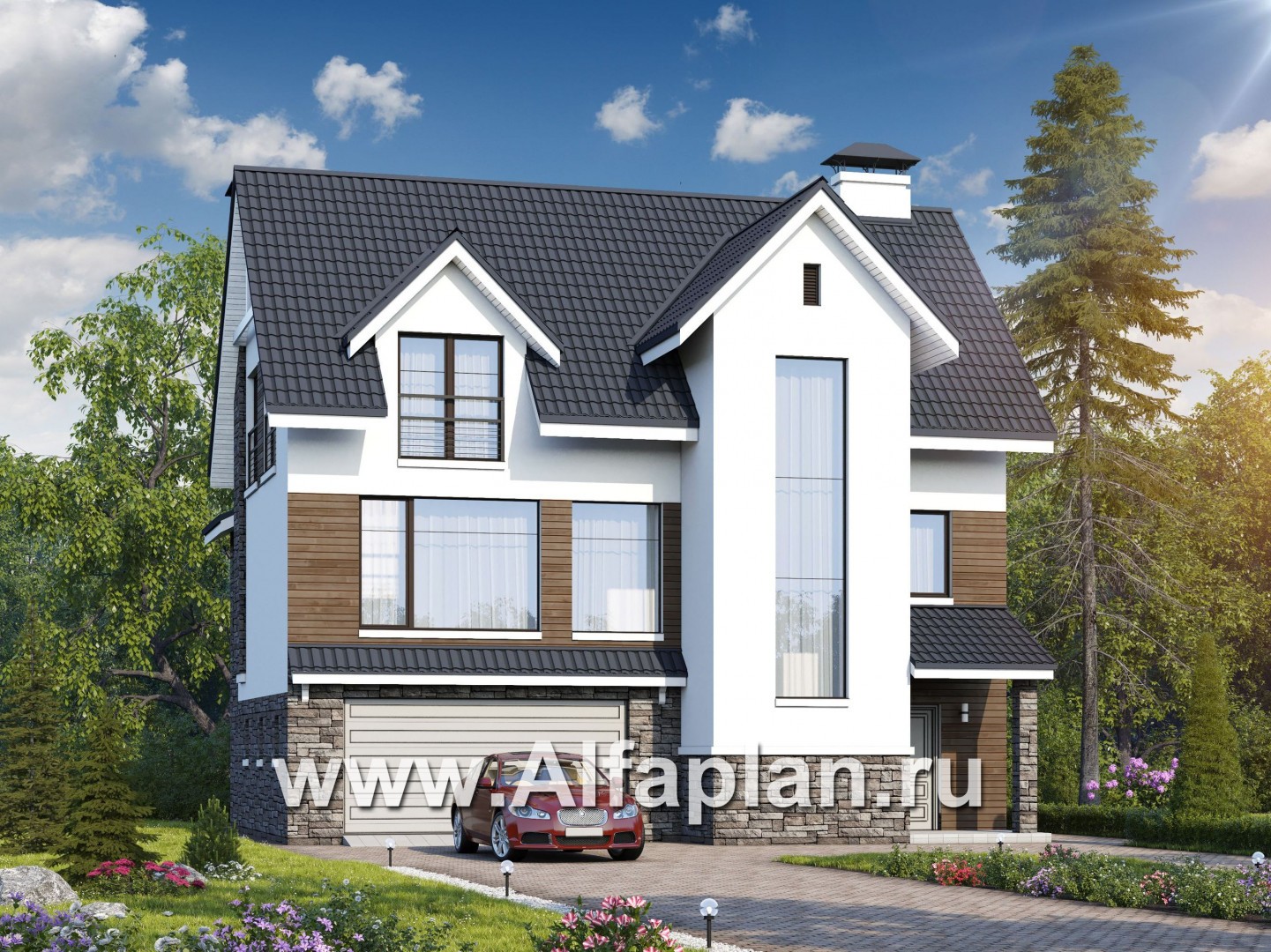Проекты домов Альфаплан - «Альпина» - трехэтажный коттедж с гаражом для маленького участка - основное изображение