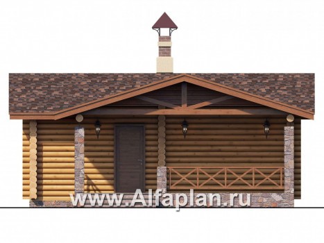 Проект бани, из дерева, из бревен, с террасой - превью фасада дома