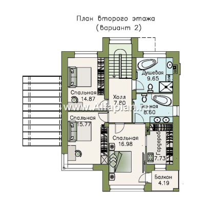 «Печора» - проект двухэтажного дома, в современном стиле, с сауной и с террасой, мастер спальня - превью план дома