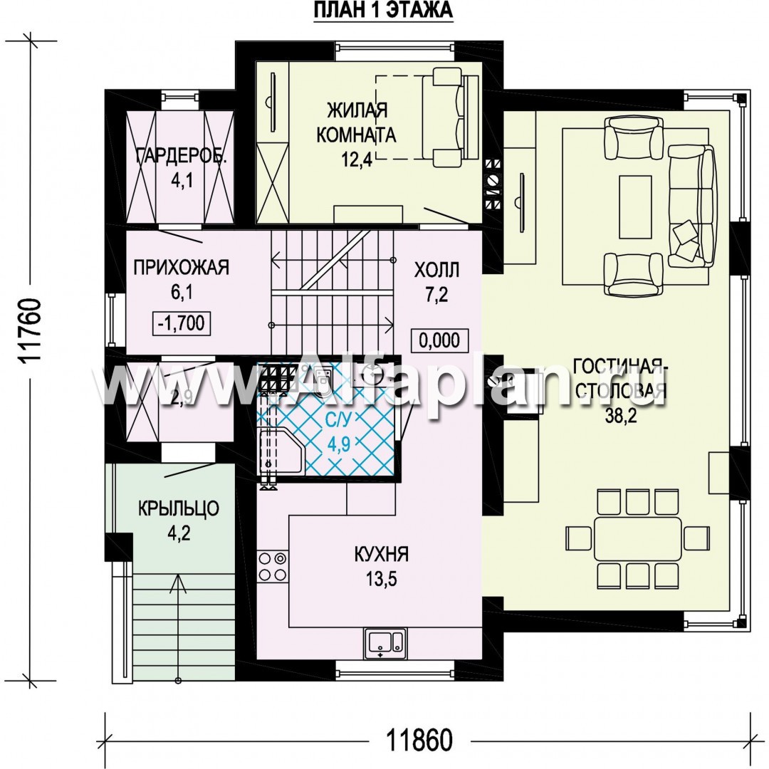 Проект трехэтажного дома, с гаражом на 2 авто в цоколе на уровне земли, в современном стиле - план дома