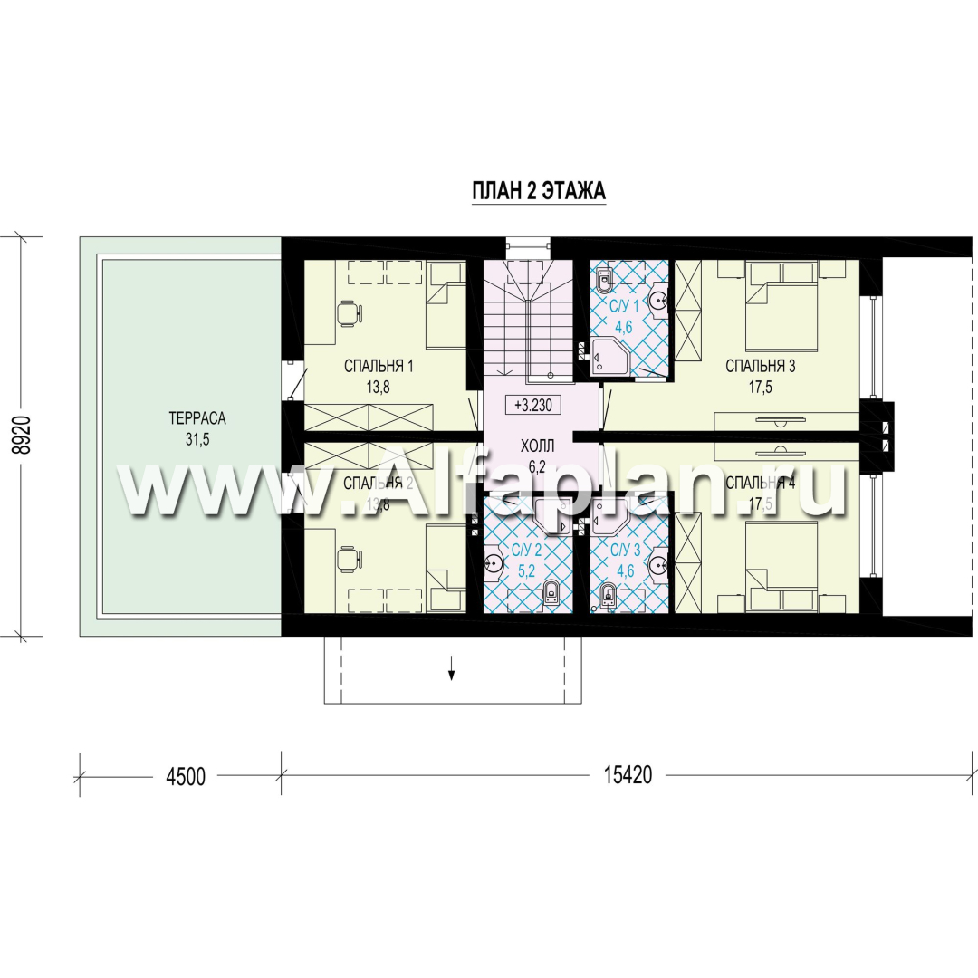 Проект дома с мансардой, планировка с террасой и с гаражом, 5 спален, в стиле барнхаус - план дома