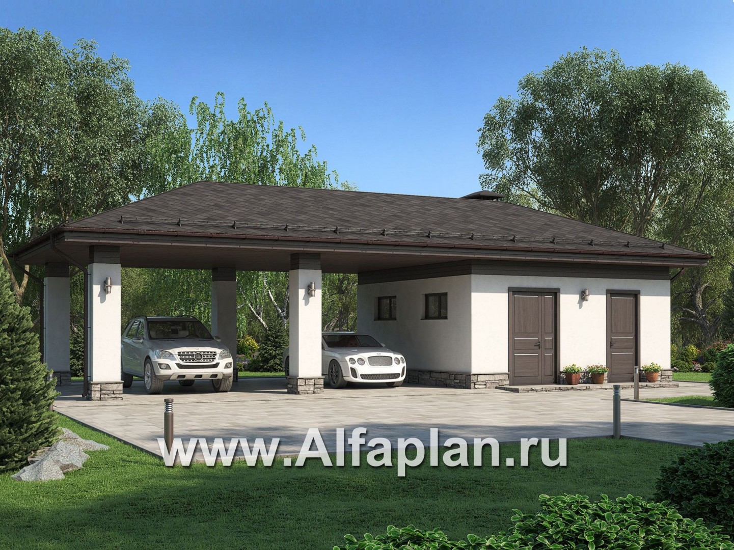 Проект хозблока с навесом на 2 авто - основное изображение