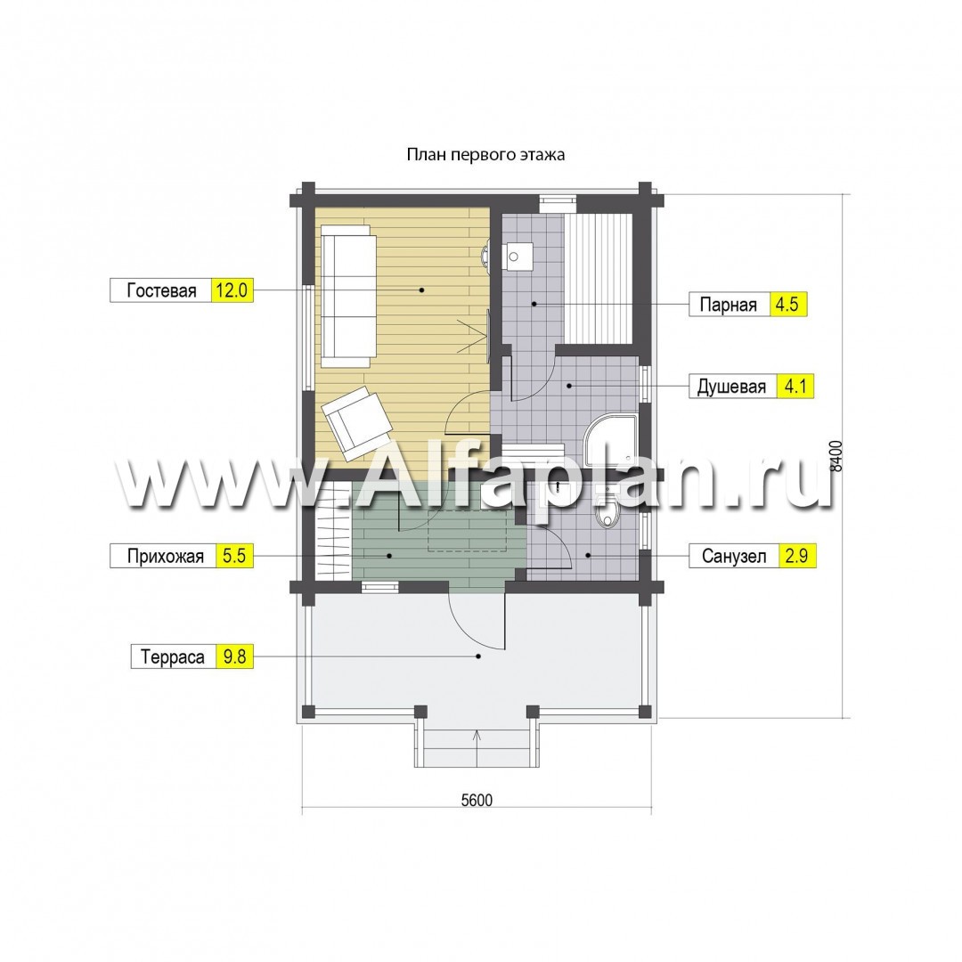 Проект одноэтажной бани из бруса, с террасой - план дома