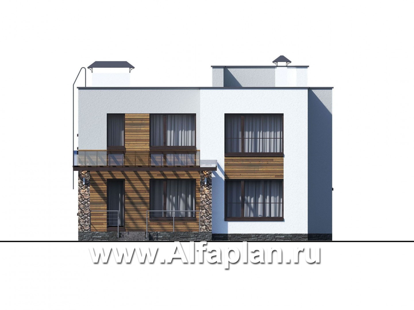 Проекты домов Альфаплан - «Престиж» - проект удобного и просторного дома с плоской кровлей - изображение фасада №3