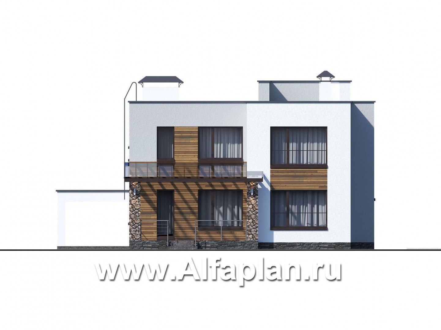 Проекты домов Альфаплан - «Престиж» - проект удобного и просторного дома с плоской кровлей, и гаражом-навесом - изображение фасада №3