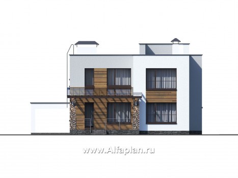 Проекты домов Альфаплан - «Престиж» - проект удобного и просторного дома с плоской кровлей, и гаражом-навесом - превью фасада №3