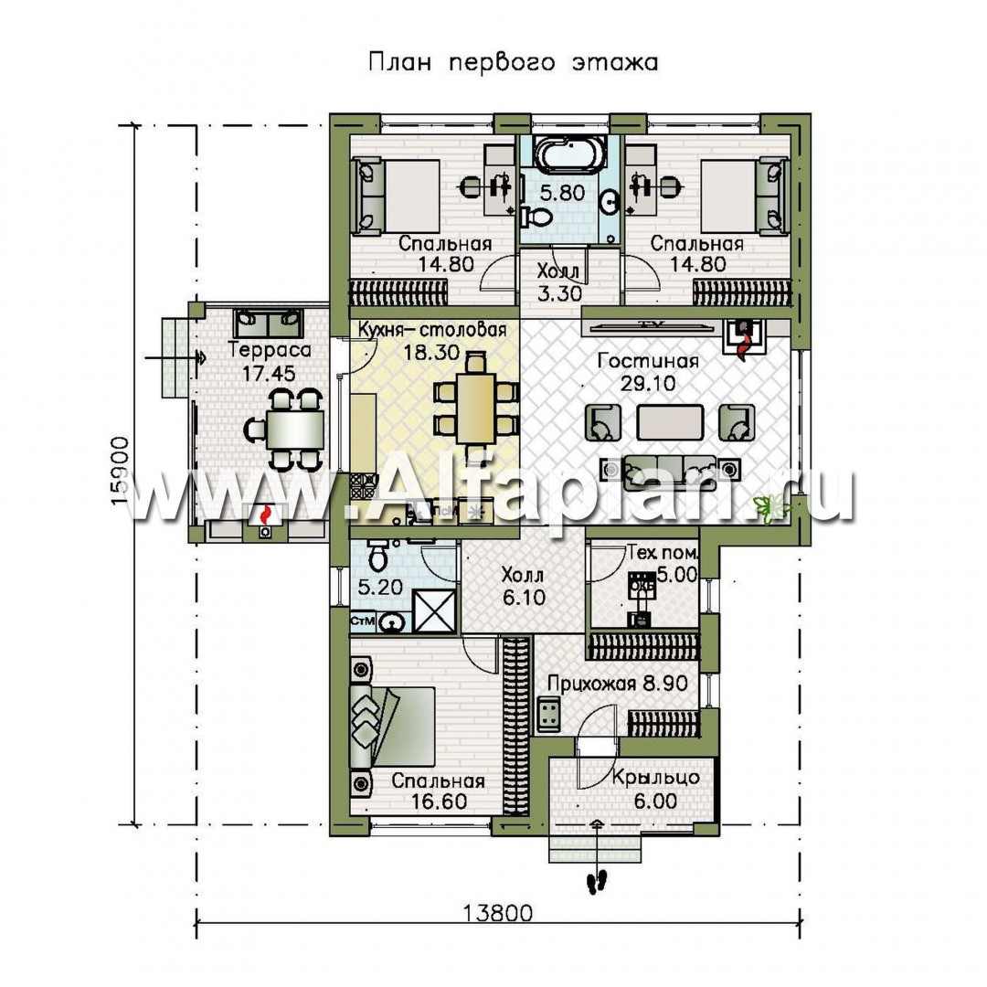 «Притяжение» - проект одноэтажного дома из газобетона, с террасой, 3 спальни - план дома