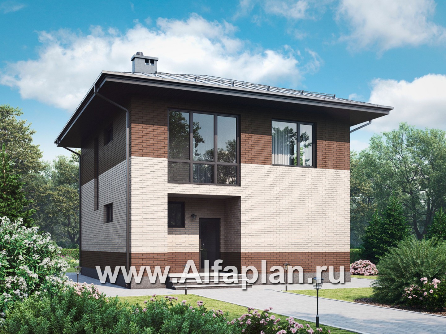 Проект двухэтажного дома, с кабинетом на 1 эт, для маленького  участка, в современном стиле - основное изображение