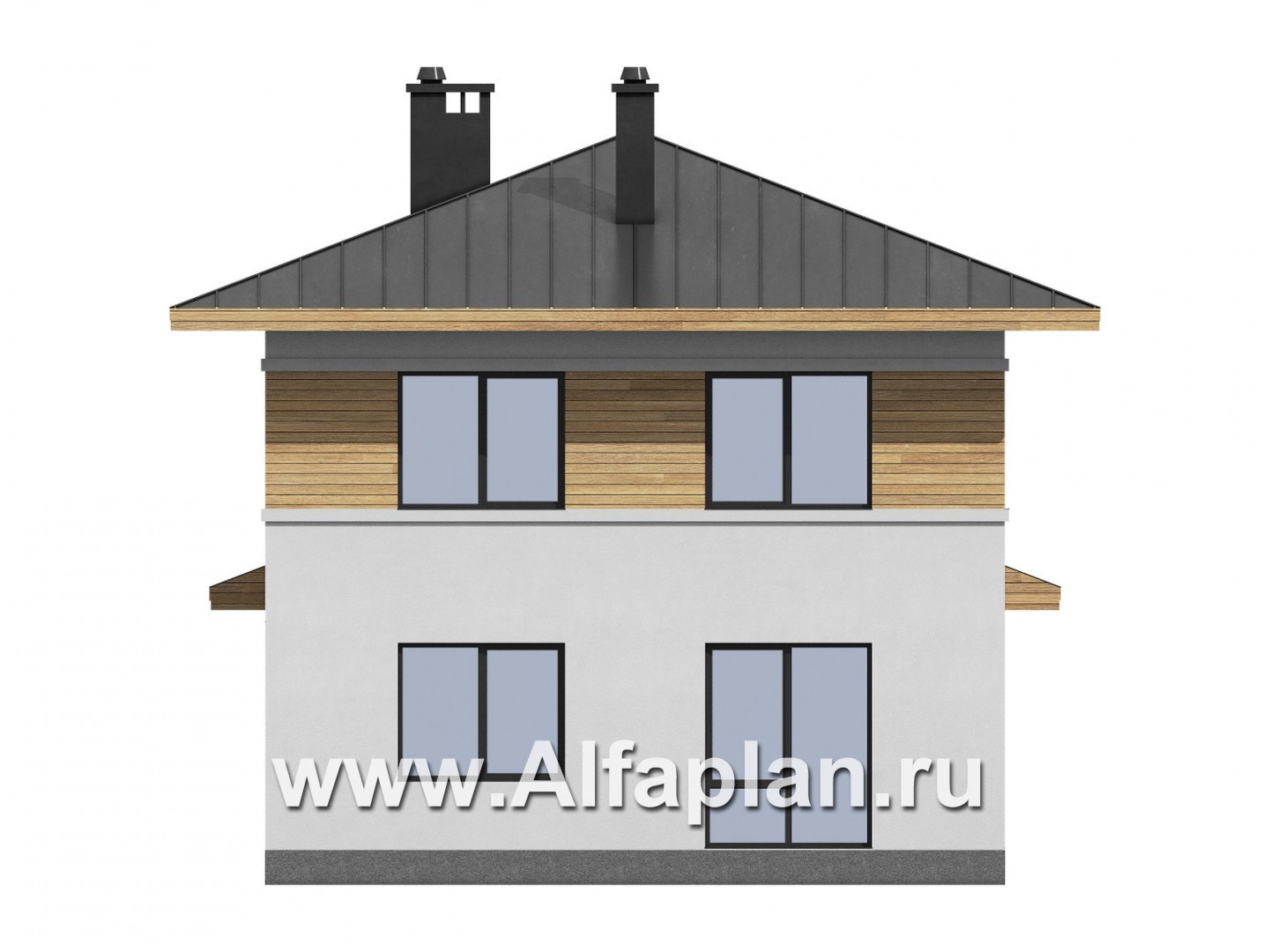 Проект двухэтажного дома из газобетона, планировка с кабинетом на 1 эт и с террасой, в современном стиле - фасад дома