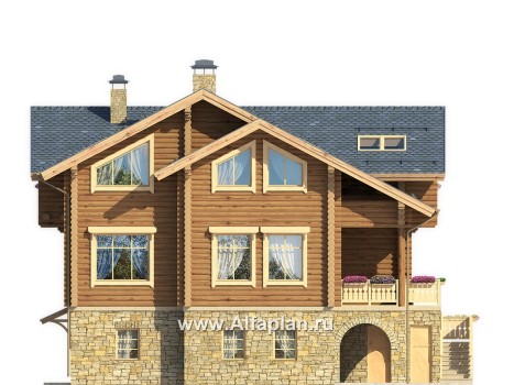 Проекты домов Альфаплан - "Традиция" - дом из бревен на каменном цоколе, подойдет для участков с рельефом - превью фасада №3
