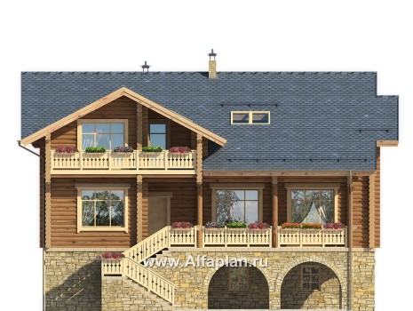 Проекты домов Альфаплан - "Традиция" - дом из бревен на каменном цоколе, подойдет для участков с рельефом - превью фасада №1