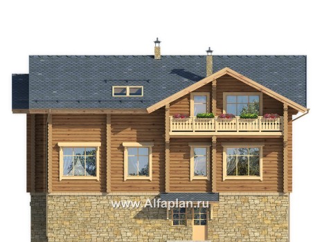 Проекты домов Альфаплан - "Традиция" - дом из бревен на каменном цоколе, подойдет для участков с рельефом - превью фасада №4