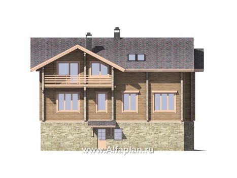 Проекты домов Альфаплан - "Традиция" - дом из бревен с гаражом в цокольном этаже из камня - превью фасада №4