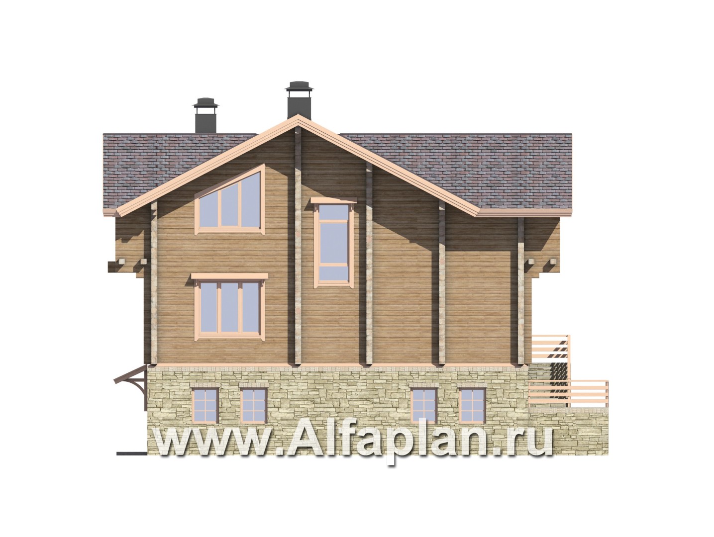 Проекты домов Альфаплан - "Традиция" - дом из бревен с гаражом в цокольном этаже из камня - изображение фасада №3