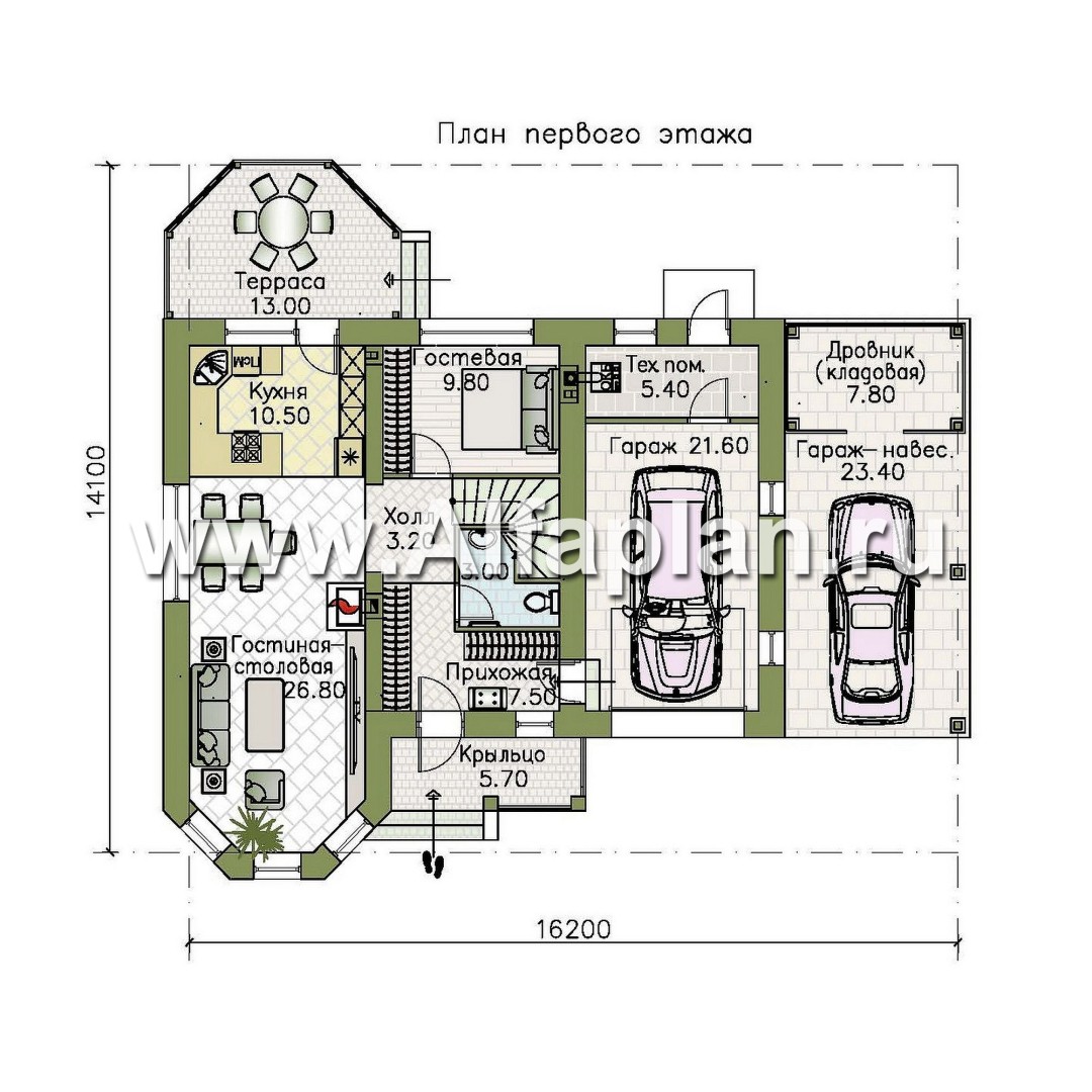 Проекты домов Альфаплан - Проект двухэтажного дома с эркером и гаражом - план проекта №1