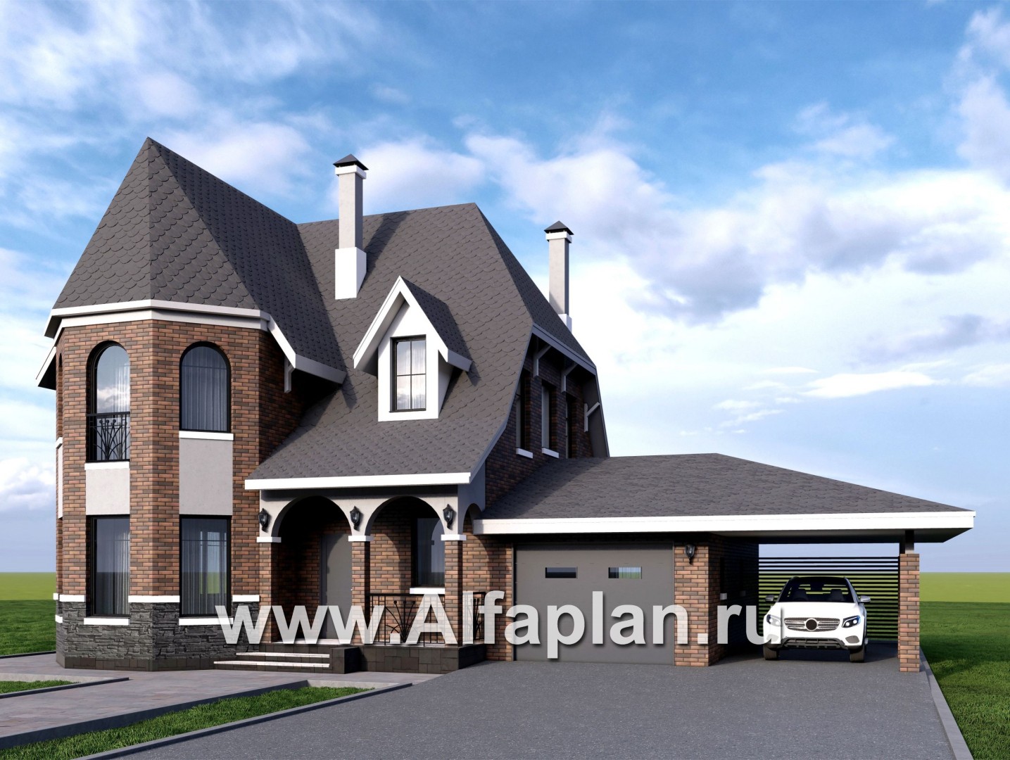 Проекты домов Альфаплан - Проект двухэтажного дома с эркером и гаражом - дополнительное изображение №1