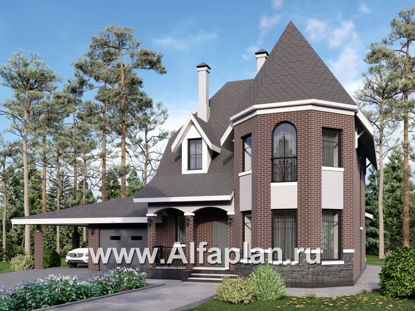 Проекты домов Альфаплан - Проект двухэтажного дома с эркером и гаражом - основное изображение