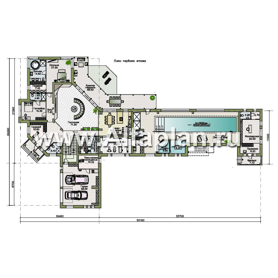 «Шахерезада» - проект двухэтажной роскошной виллы, со вторым светом гостиной, с бассейном и с гаражом - план дома