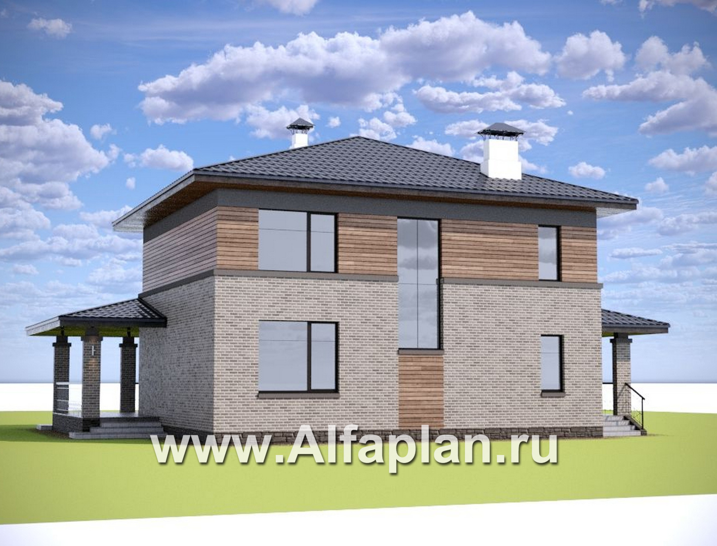 «Триггер роста» - проект двухэтажного дома из блоков, с террасой и вторым светом, в стиле Райта - дизайн дома №2