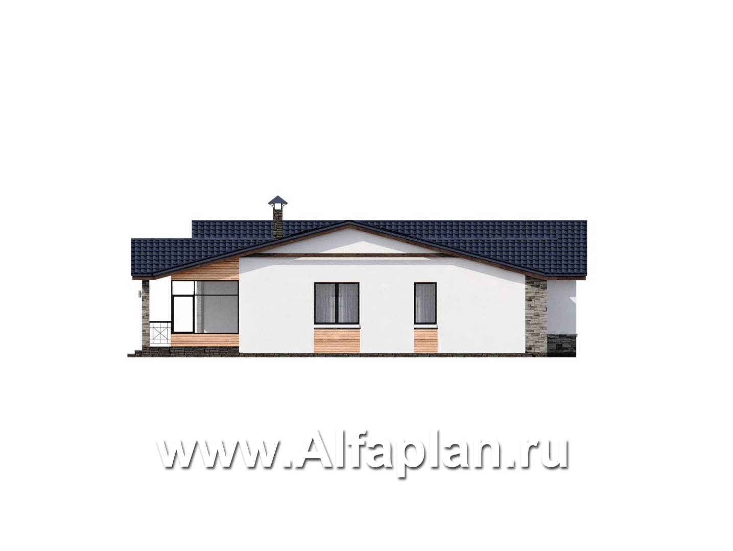 «Альтернатива» - проект современного одноэтажного дома, мастер спальня, с сауной и с террасой - фасад дома