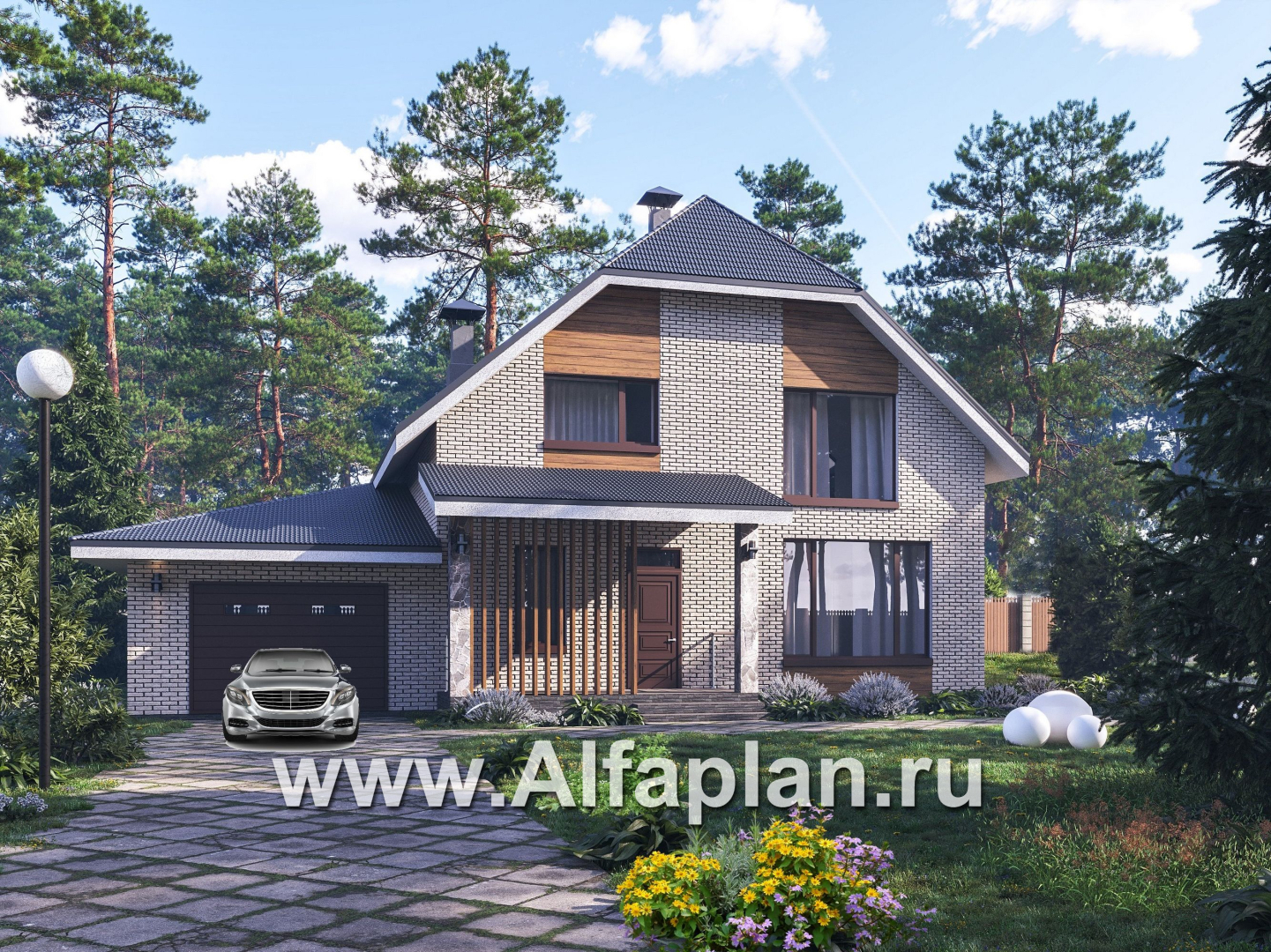 «Династия» - проект дома с мансардой, мастер спальня, с террасой и гаражом с мастерской - основное изображение