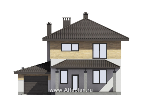 Проект двухэтажного дома, с террасой и с гаражом, планировка с кабинетом на 1 эт - превью фасада дома