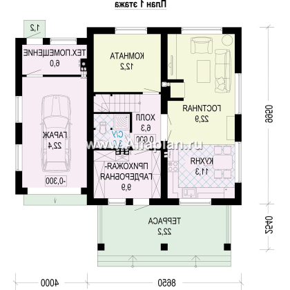 Проект двухэтажного дома, с террасой и с гаражом, планировка с кабинетом на 1 эт - превью план дома