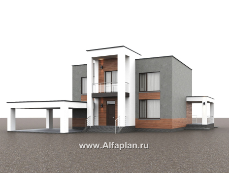 «Вермеер» - проект двухэтажного дома, планировка с мастер спальней, со вторым светом и с террасой, в стиле минимализм с плоской крышей - превью дополнительного изображения №1