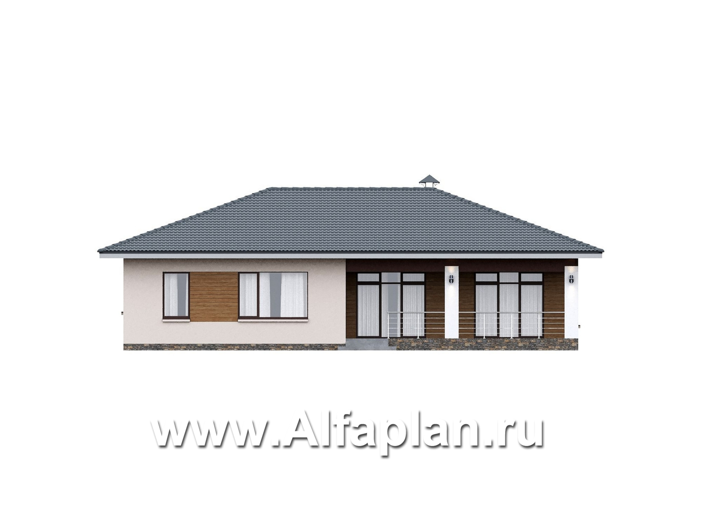 «Serenity» - проект одноэтажного дома, c террасой, планировка мастер спальня, гардероб и постирочная, 4 спальни - фасад дома