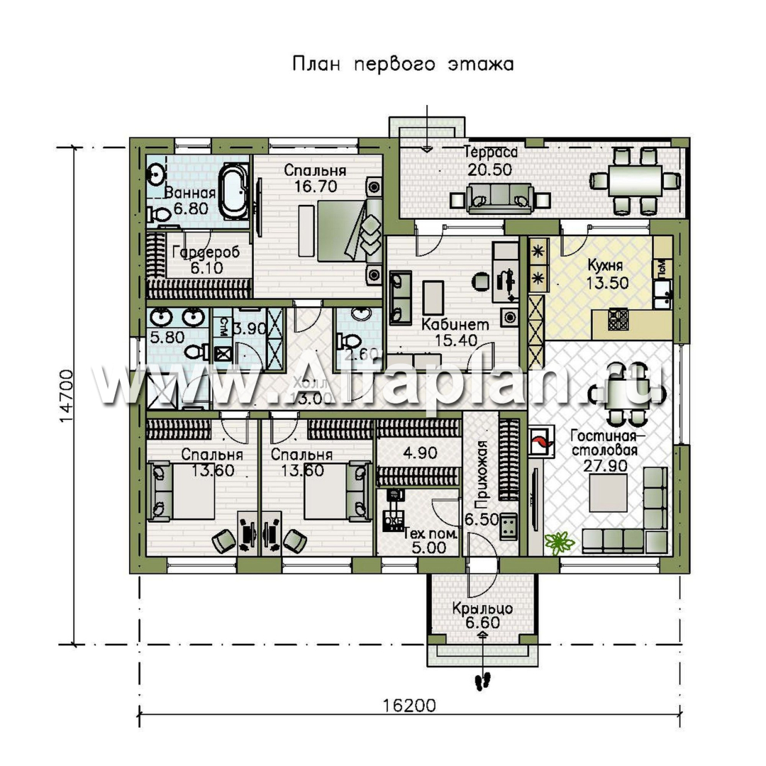 «Serenity» - проект одноэтажного дома, c террасой, планировка мастер спальня, гардероб и постирочная, 4 спальни - план дома