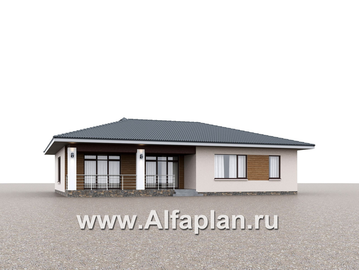 «Serenity» - проект одноэтажного дома, c террасой, планировка мастер спальня, гардероб и постирочная, 4 спальни - дизайн дома №3