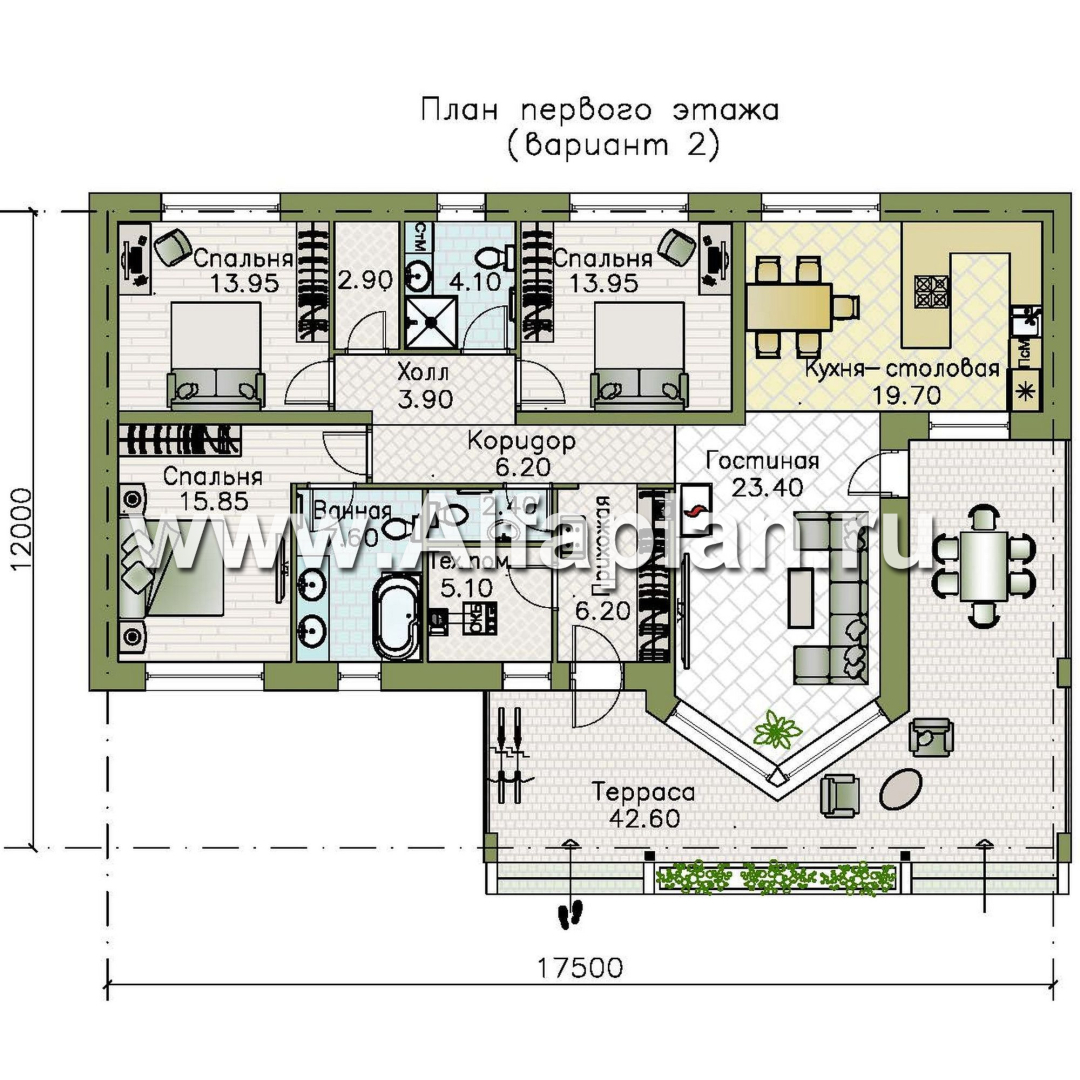 «Рубикон» - проект одноэтажного дома из кирпича, с панорамным эркером и с просторной террасой, в современном стиле - план дома