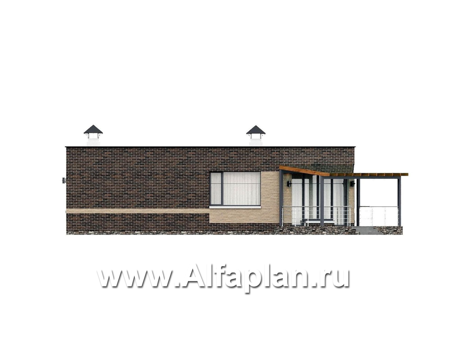 «Биссектриса» - проект одноэтажного дома с плоской крышей, с диагональным планом,  гостиная в форме кристалла, с террасой - фасад дома