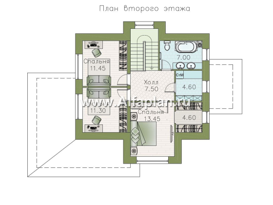 «Пифагор» - проект двухэтажного дома с мансардой, с террасой, в современном стиле для узкого участка - превью план дома