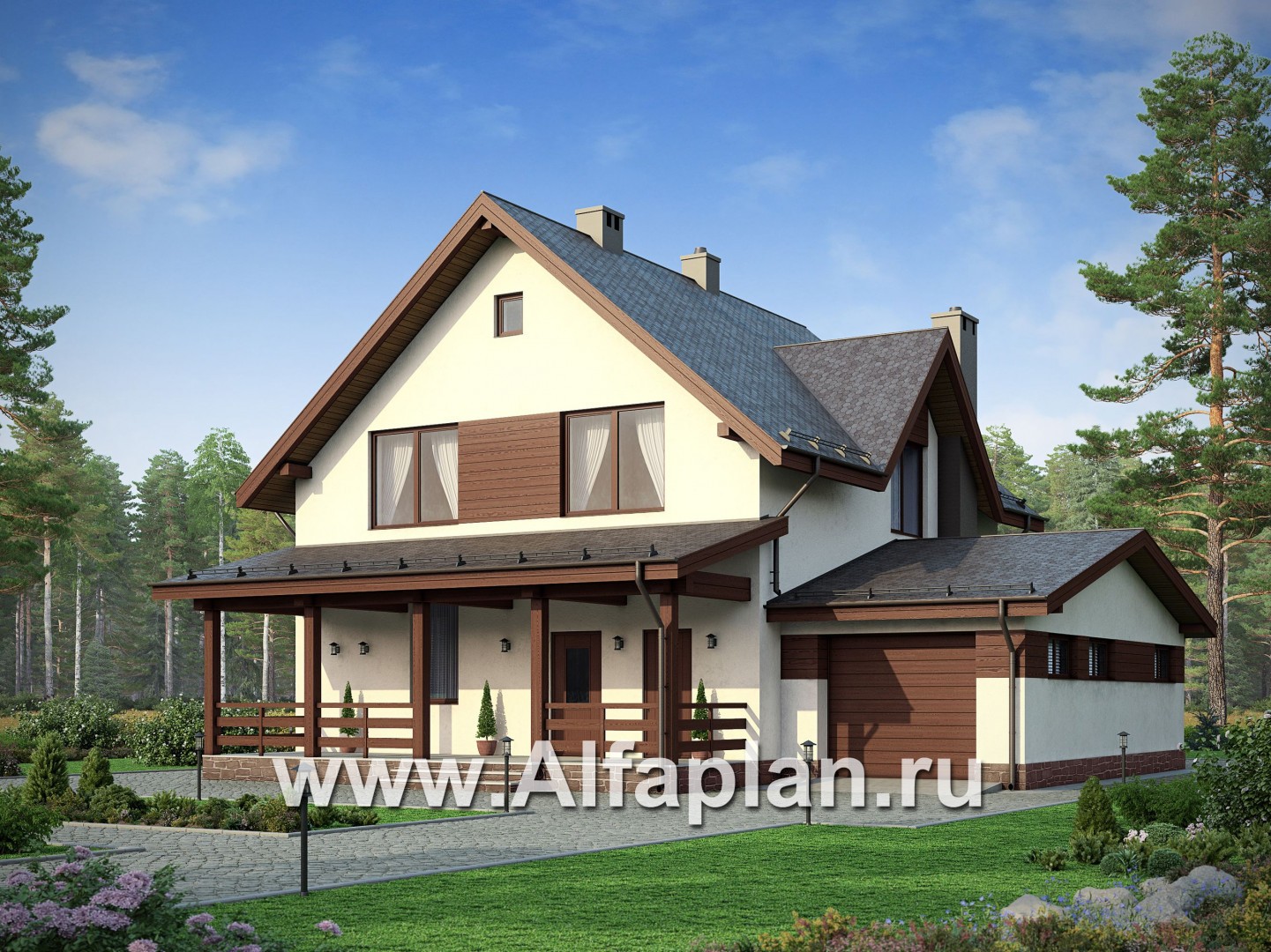 Проект дома с мансардой, 3 спальни, с камином и эркером, гостевая комната на 1 эт, терраса со стороны входа, гараж на 1 авто - основное изображение