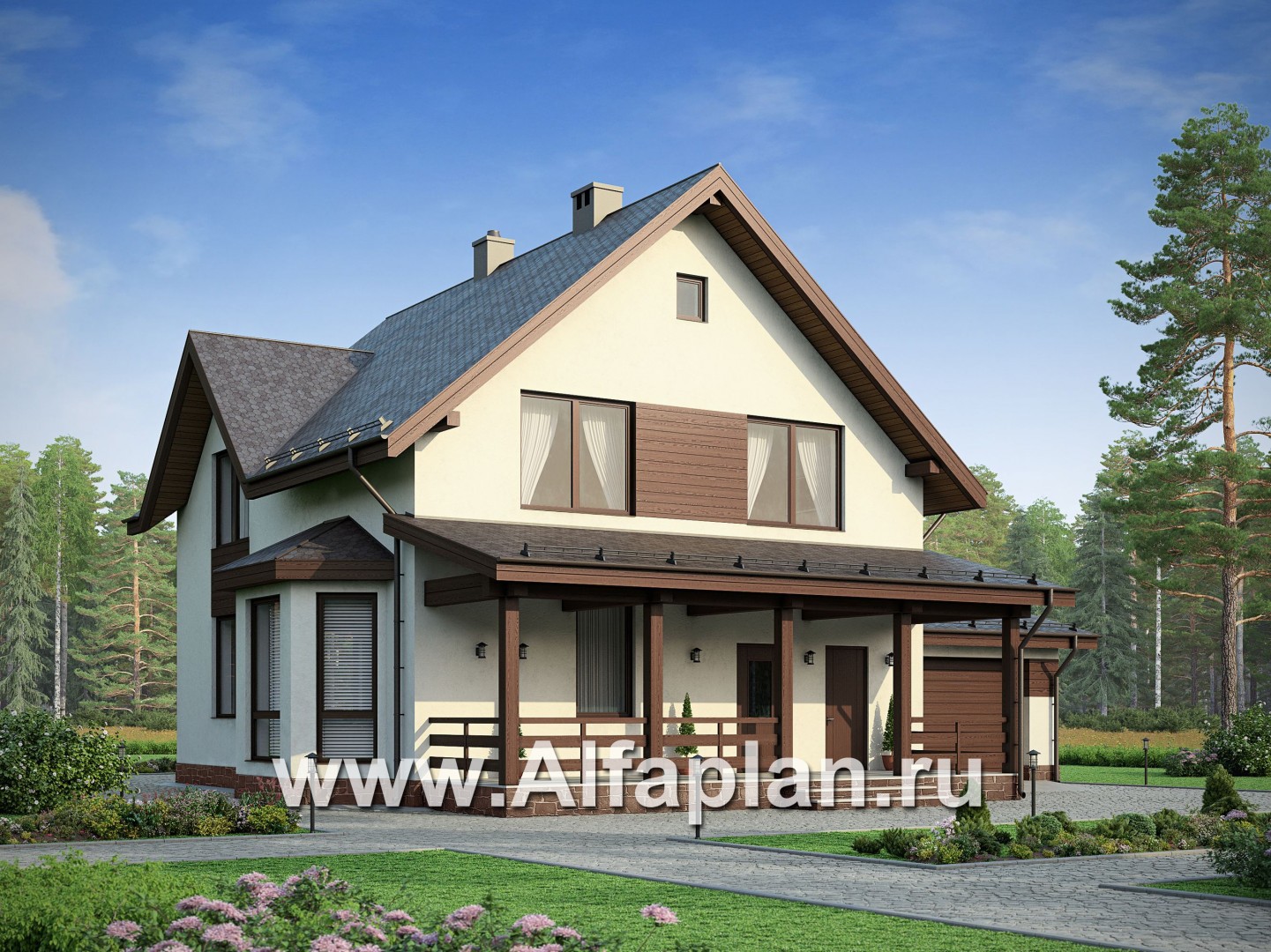 Проект дома с мансардой, 3 спальни, с камином и эркером, гостевая комната на 1 эт, терраса со стороны входа, гараж на 1 авто - дизайн дома №1