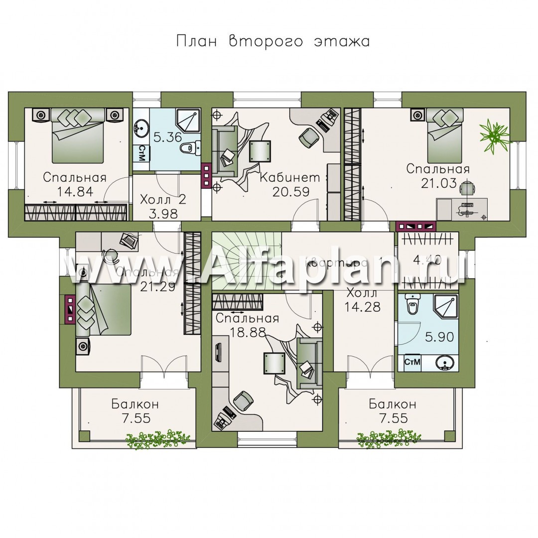 «Родное сердце» - проект двухэтажного дома на две семьи, таунхаус, с террасой и с балконом - план дома