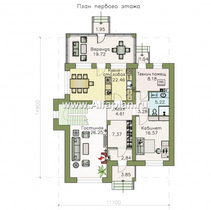 «Традиция» - проект двухэтажного дома, планировка с кабинетом на 1 эт, с террасой - превью план дома
