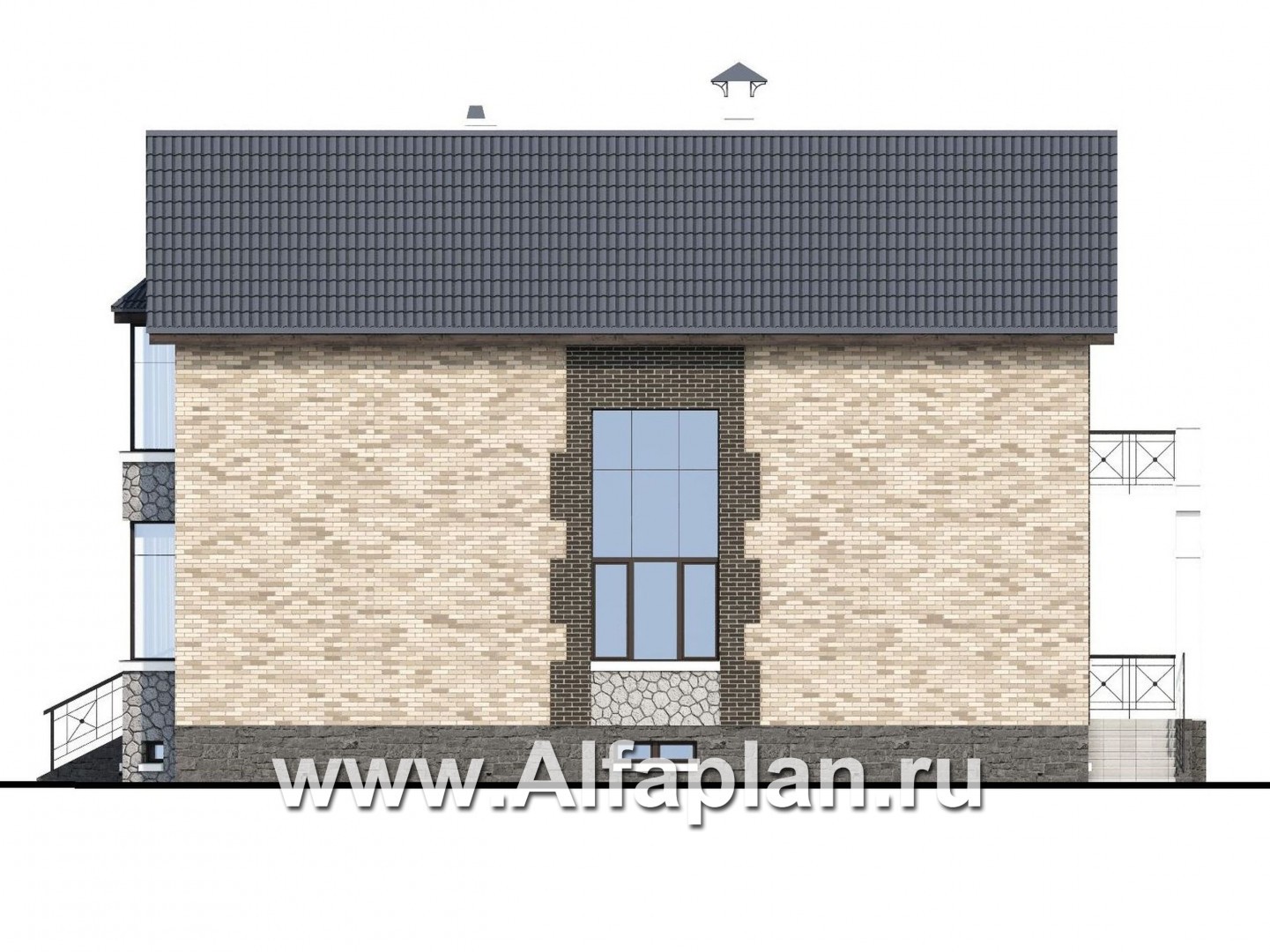 Проекты домов Альфаплан - Коттедж с цоколем и балконом-галереей на 2-ом этаже - изображение фасада №2