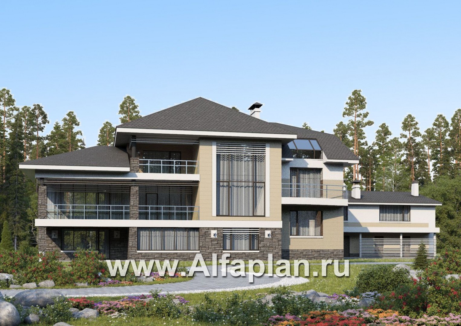 «Глория» - проект эксклюзивного дома, вилла с бассейном и зимним садом, со вспомогательным коттеджем - основное изображение